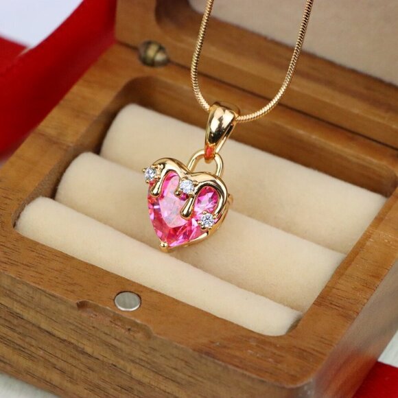 "Heart Drip Pink Pendant in Gold Finish Romantic Charm, XPPT1698 - Picture 7 of 13